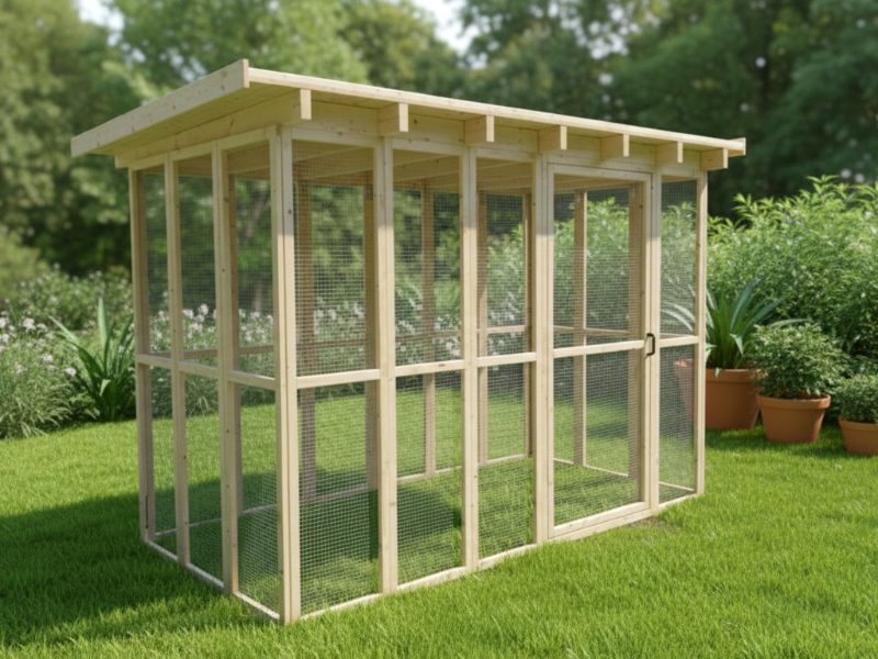Produktfoto einer Flachdachvoliere für Hühner und Kleintiere im Garten.