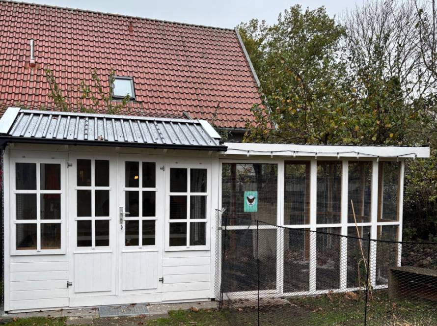 Flachdachvoliere mit Hühnerstall kombiniert